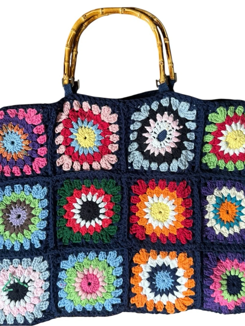 1970’s Vintage Handmade Crochet Granny Bag with Bamboo Handles